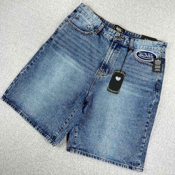 Von Dutch Other - New Von Dutch Denim Shorts Men 34 Blue Originals Logo Patch Baggy Y2K Streetwear